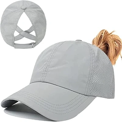 Abbildung von Pferdeschwanz Baseballkappe Damen Sommer Einstellbare Schnell trocknende Masche Atmungsaktiv Baseballmütze Unisex Criss Cross Hüte Sport Mütze (hellgrau)