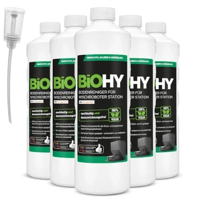 Abbildung von BiOHY Bodenreiniger für Wischroboter Station mit Orangenduft (6 x 1 Liter) + Dosierer Reinigungsmittel Konzentrat alle Wisch &amp; Saugroboter Nass Funktion Schaumarm Streifenfrei