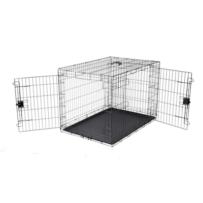 Abbildung von Amazon Basics Faltbar Zusammenklappbarer Hundekäfig aus Metalldraht mit Bodenschale, Doppeltür, Schwarz, L 107 x B 71 H 76 cm