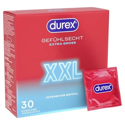 Abbildung von Durex Gefühlsecht XXL Kondome Dünne mit großer Passform &amp; Silikongleitgel befeuchtet, transparent, angenehmer Geruch für einen komfortablen Sit 30er Pack (1 x 30 Stück)