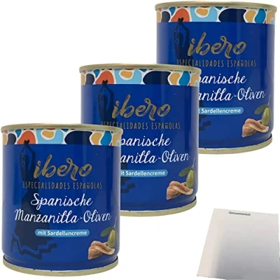 Abbildung von Ibero Spanische Manzanilla Oliven mit Sardellencreme 3er Pack (3x200g Dose) + usy Block