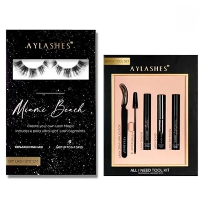 Abbildung von AYLASHES DIY Wimpernextensions Starter Set MIAMI BEACH 6 Paar Wimpern, Applikator, Wimpernkleber, Top Coat Sealer schwarz, Lash Remover Wimpern für zu Hause bis 7 Tage Halt