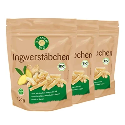 Abbildung von 3x CLASEN BIO Ingwerstäbchen, getrocknet, mit Rohrzucker gesüßt 100g