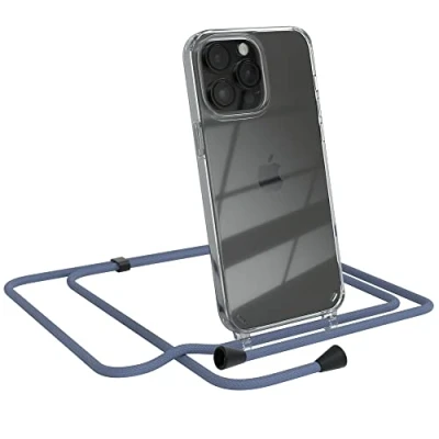 Abbildung von EAZY CASE Handykette kompatibel mit iPhone 14 Pro Max Handyhülle Umhängeband, Handykordel Schutzhülle, Silikonhülle, Hülle Band, Stylische Kette für Smartphone, Eisblau Clips Schwarz