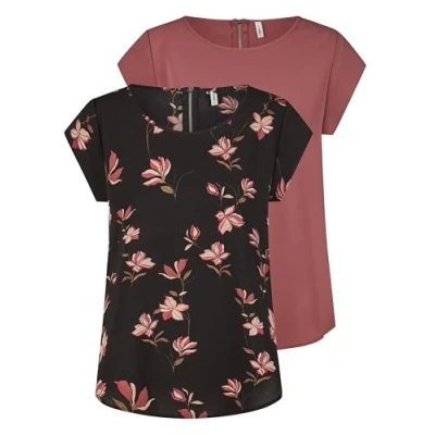 Abbildung von ONLY Damen Top ONLVIC 2er Pack Basic Shirt Rundhals Regular Fit Bluse Kurzarm Oberteil Reißverschluss Muster Sommer Rose 36, Größe:36, Farbe:Rose Brown (15284243)