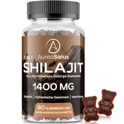 Abbildung von Shilajit Original Himalaya Gummis hochdosiert 1400 mg pro Tagesdosis reich an 85+ Mineralien, ayurvedischen Kräutern, vegan und zuckerfrei, 60