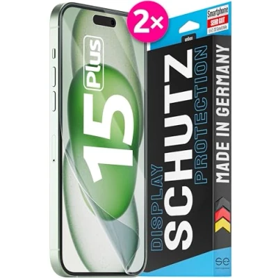 Abbildung von 2x se® 3D SCHUTZFOLIE Transparent für Apple iPhone 15 Plus ,Selbstheilend, 100% Fingerabdruck &amp; FaceID kompatibel, einfache blasenfreie Installation, Ultra Klar, Stoß Kratzfest, aus Deutschland
