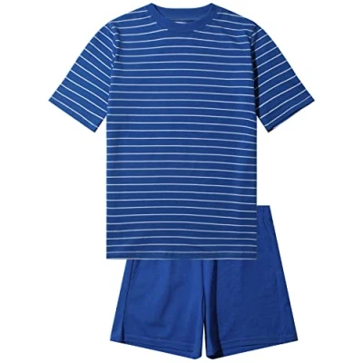 Abbildung von Jungen Schlafanzug kurz, weicher Single Jersey aus 100% Baumwolle und Hose in Bermuda Form gestreift, Mittelblau Grösse 140