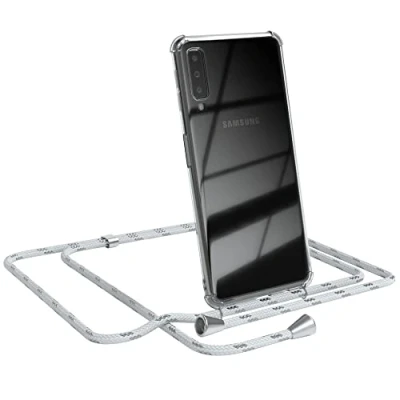 Abbildung von EAZY CASE Handykette kompatibel mit Samsung Galaxy A7 (2018) Handyhülle Umhängeband, Handykordel Schutzhülle, Silikonhülle, Hülle Band, Stylische Kette Smartphone, Weiß/Silber