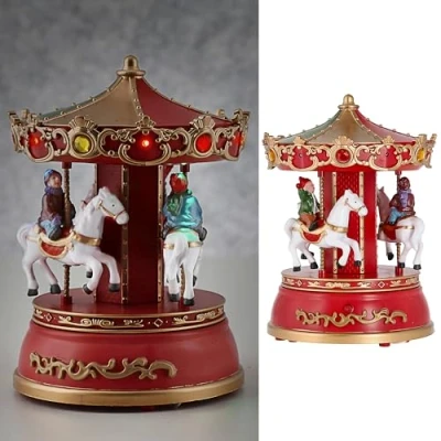 Abbildung von CEPEWA Dekoobjekt LED Winterkarussell drehend Musik 13x18,5cm Polyresin 10 bunte