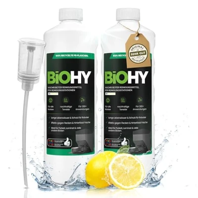 Abbildung von BiOHY Wischroboter Reinigungsmittel für Reinigungsstationen mit Frischeduft (2 x 1 liter) + Dosierer Verlängert die Lebensdauer der Absaugstation Schaumarmes Bodenreiniger Konzentrat