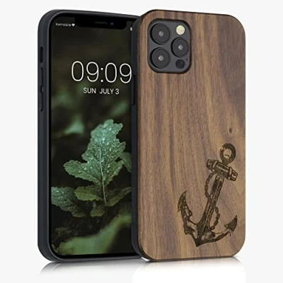 Abbildung von kwmobile Hülle kompatibel mit Apple iPhone 12 / Pro Holz Case Handy Cover TPU Handyhülle in Dunkelbraun Anker Vintage