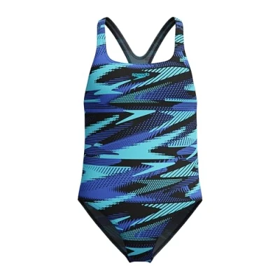 Abbildung von Speedo Hyperboom Allover Medalist Swimsuit Quick Drying Fitness Chlorine Resistant Badeanzug für Mädchen, Cobalt Pop, 7 Years 8