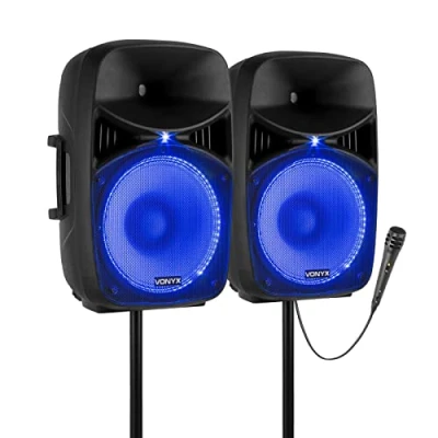 Abbildung von VONYX VPS102A PA Lautsprecher Aktiv Set, Party Box Bluetooth mit Stativ, 2x Kabelloses Mikrofon, Anlage Komplettset, 10 Zoll, LEDs, USB, MP3, DJ Boxen, Set Komplett, Partybox 600 Watt