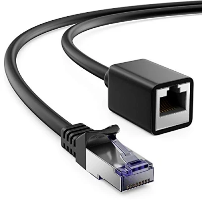 Abbildung von deleyCON 5m CAT7 Patchkabel Verlängerung für Ethernet LAN Netzwerkkabel CAT 7 Rohkabel mit RJ45 Stecker auf Buchse S/FTP Kupfer PiMF 600 MHz Schwarz