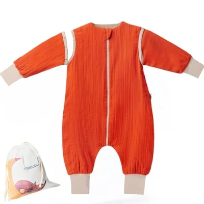 Abbildung von Mababu Baby Schlafsack mit Füßen 0,5 TOG &amp; abnehmbaren Ärmeln Sommer Kinder Musselin Bio Baumwolle Sommerschlafsack umklappbare Bündchen an Händen 80cm, Rust
