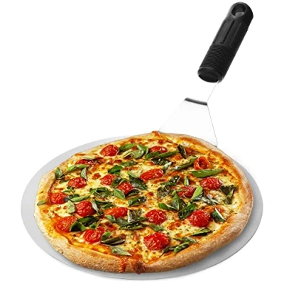 Abbildung von com four® Pizzaschaufel aus rostfreiem Edelstahl Pizza und Kuchenheber mit Kunststoffgriff Runder Pizzaschieber für Pizza, Flammkuchen Brot (silberfarben/schwarz rund)