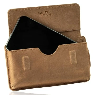 Abbildung von MATADOR Echt Leder Universal Handy Tasche Holster Gürteltasche Magnetverschluss Quer für Handys bis 6,9 Zoll inkl. Geschenk Box (Hell Braun)