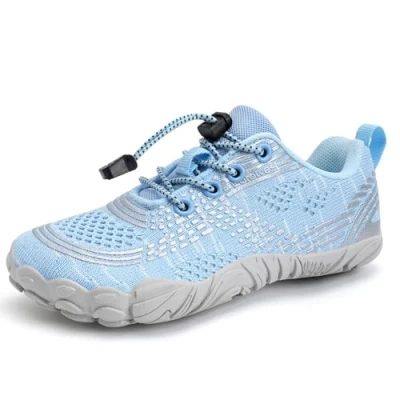 Abbildung von Barfußschuhe Wasserschuhe Kinder Jungen Mädchen Aqua Schwimmen Nass Riff Schuhe für Strand Pool Wasser Sport Non Slip Schnell Trocknen（Blau Grau 31）