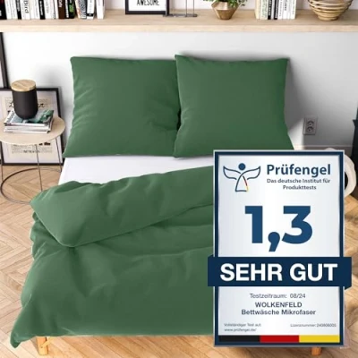 Abbildung von Wolkenfeld Bettwäsche 220x240 Grun kuschelig weich &amp; bügelfrei 3teilig ÖKO TEX zertifizierte Sets mit 1x Bettbezug + 2X Kissenbezug 80x80 Winter