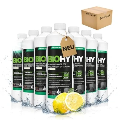 Abbildung von BiOHY Bodenreiniger Für Wischroboter Station mit Frischeduft (9 x 1 Liter) Reinigungsmittel Konzentrat alle Wisch &amp; Saugroboter Nass Funktion Schaumarm Streifenfrei Böden