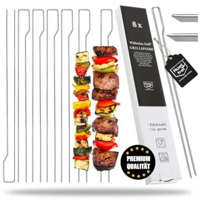 Abbildung von Wilhelm Sell® 8X Grillspieße mit Griff Schaschlikspiesse 30 cm Doppelzinken zum Fixieren von Fleisch, Fisch, Gemüse BBQ Doppelspieß aus rostfreiem Edelstahl 430