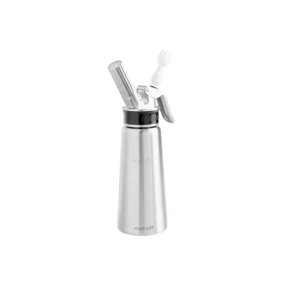 Abbildung von Mastrad Sahnebereiter Edelstahl Siphon Pro Whipper abnehmbarer Kopf temperaturbeständiges Metallgehäuse rollfestes Design für die Zubereitung von Mousse, Soße, Creme, Schlagsahne etc.