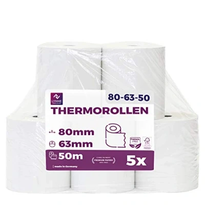 Abbildung von Thermorollen 80mm x 50m 12mm Kassenrollen Bonrollen für Registrierkasse mit Bondrucker Thermopapier Kassensysteme BPA Frei (Medium 80x63x12 50 Meter 5 Rollen)