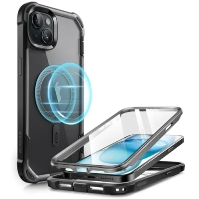 Abbildung von i Blason AresMag Schutzhülle für iPhone 15 / 14 13 [6,1 Zoll], MagSafe kompatibel, stoßfest, robust, transparent, mit integriertem Displayschutz, Schwarz