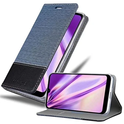 Abbildung von Cadorabo Hülle kompatibel mit LG K50 aus Premium Jeans und Kunst Leder Flip Klappbare Stoßfeste Magnetische [Standfunktion] [Kartenfächern] Cover für Tasche in Grau