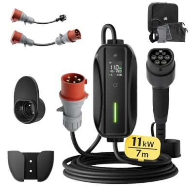 Abbildung von dé Mobile Wallbox/Ladestation 11kW [3 phasig7m6 16A] mit Basic Adapter Set, Ladekabel CEE 16A auf Typ 2 und EV Ladegerät für Model Y/3, ID.3/4/5, MG4, EX30, e up, tron, Zoe andere