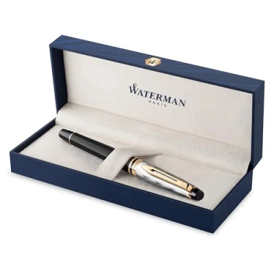 Abbildung von Waterman Expert Füller Metall und schwarzer Lack mit goldenen Zierteilen, ziselisierte Kappe Füllfederhalter feiner Edelstahl Feder Geschenkbox