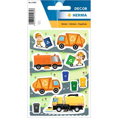 Abbildung von HERMA 15482 Aufkleber Müllmann klein, 30 Stück, Berufe Sticker mit Müllwagen Mülltonne Motiv, Kinder Etiketten für Fotoalbum Tagebuch Poesiealbum Scrapbooking Geburtstag Dekoration Briefe DIY Basteln