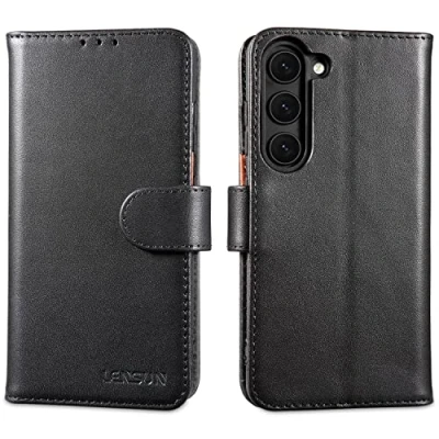Abbildung von LENSUN Echtleder Hülle für Samsung Galaxy S23, Handyhülle [Echtes Leder] [Magnetverschluss] [RFID Schutz] Lederhülle Handytasche S23 5G Schwarz