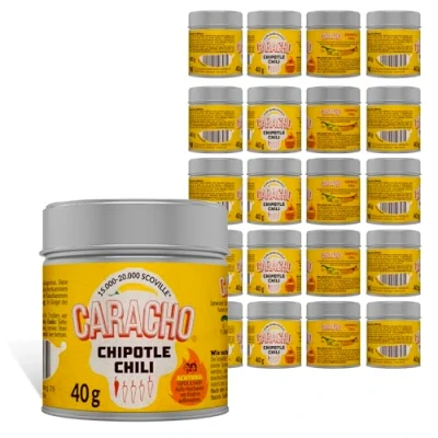 Abbildung von CARACHO 20er Pack x 40g Chili Chipotle Chiliflocken geschrotet Premium 100% Scharfes Chillipulver in Metal Gewürz Dose/Scoville: 15.000 20.000 / Vorteilspack