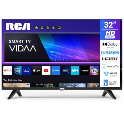 Abbildung von RCA VRS32HQ1 Smart TV 32 Zoll (80cm) HD LED Fernseher mit WLAN, Triple Tuner (DVB T/T2, DVB C, S/S2), App Store, HDMI, USB, CI/CI+, Netflix, YouTube und mehr [RVSmart 2024]