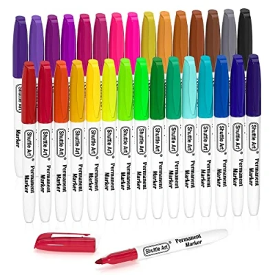 Abbildung von Shuttle Art Permanent Marker fein, 30 bunt mit feiner Spitze, wasserfeste Stifte, Folienstift permanent, Filzstifte, für Kunststoff, Stein und Glas zum Bemalen Färben geeignet.