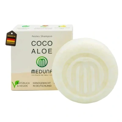 Abbildung von MEDUNA festes Haar Shampoo Coco Aloe Kokosduft Haarseife mit Bio Kokosöl &amp; Shea Butter Naturkosmetik Haarpflege Pflegeshampoo für alle Haartypen Made in Germany (1)