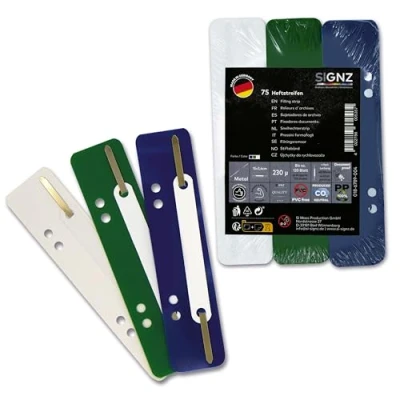 Abbildung von SIGNZ Heftstreifen Kunststoff (PP), 75 Stück, 25 x 3 Farben, recycelbarer CO2 neutral hergestellt, made in Germany (75 dunkel blau, grün, weiß)