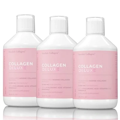 Abbildung von Swedish Collagen Deluxe 500 ml flüssiges Kollagen x 3 12.500 mg Meereskollagen mit Hyaluronsäure, Vitaminen und Mineralien für Haare, Haut Nägel