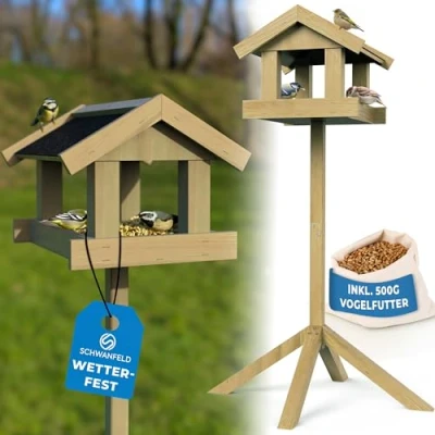 Abbildung von Schwanfeld Vogelhaus mit Ständer wetterfest [FÜR ALLE VOGELARTEN] , inkl. 500g Vogelfutter Vogelfutterhaus