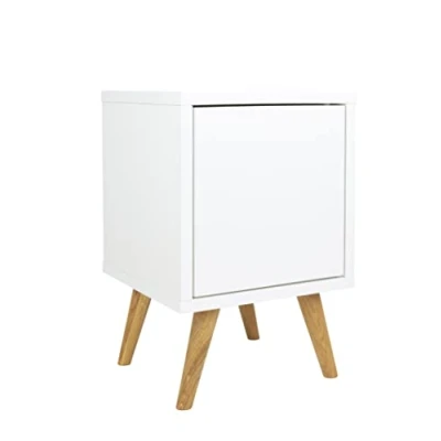 Abbildung von Nachtschrank Weiss mit Regal und Türen Kleiner Couchtisch Weiß Beistelltisch Holz Seitenschrank Betttisch Nachtkästchen auf Holzbeinen