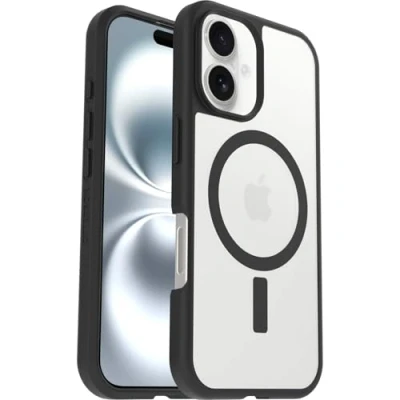 Abbildung von OtterBox Sleek Series MagSafe Hülle für iPhone 16, stoßfest, sturzsicher, ultraschlank, schützende Hülle, Getestet nach Militärstandard, Transparent/Schwarz, Keine Einzelhandelsverpackung