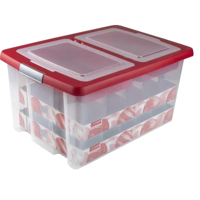 Abbildung von SUNWARE Nesta Weihnachtsbox 51 Ltr mit Tabletts für 40 Weihnachtskugeln (Ø70 80mm) transparent/rot