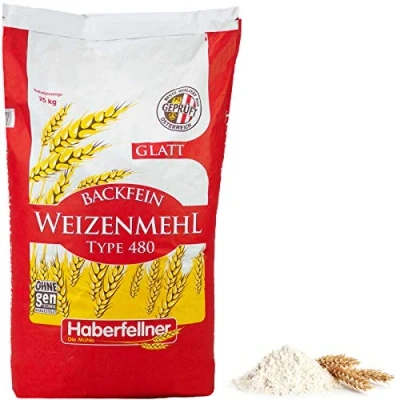 Abbildung von Weizenmehl 25kg Typ 405 glatt von Haberfellner Hochwertiges Mehl zum Backen und Kochen ohne Gentechnik pestizid kontrolliert Geeignet als Keksmehl, Kuchenmehl für Feingebäck