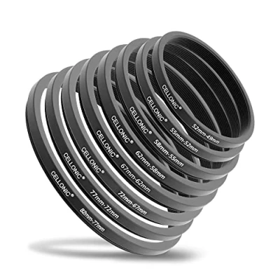 Abbildung von CELLONIC® Step Down Ring Filteradapter Set: Objektiv Filtergewinde Adapter 82 mm 77mm 72mm 67mm 62mm 58mm 55mm 52mm 49mm, Metall Gegenlichtblende, Filterring Kit Filter Gewinde Konverter Adapterring