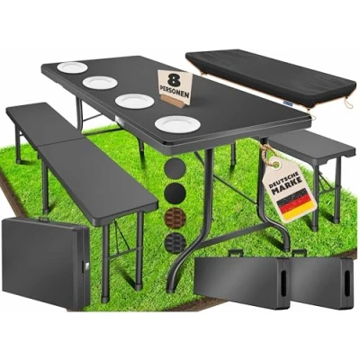Abbildung von KESSER® Bierzeltgarnitur 3 teilig Set Tisch + 2X Bank, für drinnen draußen klappbar Tragegriffe, HxBxT: 73x180x75 cm, Kunststoff, Rattan Look Gartengarnitur, Klapptisch, Gartentisch, Glatt/Schwarz