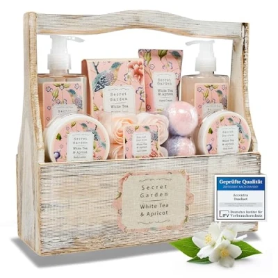 Abbildung von Accentra Duschset Frauen Geschenkset im Holzkorb 8 teiliges Pflegeset mit Duschgel, Bodylotion, Badezusätzen, Peeling &amp; Handcreme Wellness Geschenk Set zum Geburtstag, Valentinstag Weihnachten