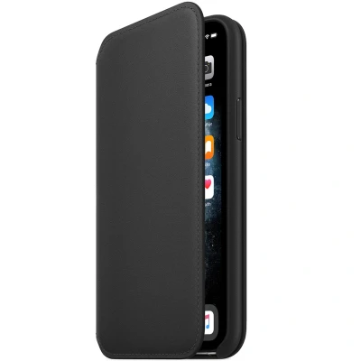 Abbildung von Apple iPhone 11 Pro Hülle Echtleder Original Klapphülle Handyhülle Schwarz
