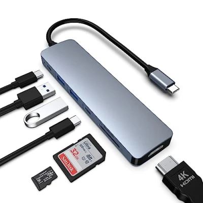 Abbildung von AYCLIF USB C Hub 7 in 1 Adapter, Multiport Hub, Docking Station for MacBook Pro/Air, HP, Dell, Surface Dual Display, 4K HDMI, 100W PD, A 3.0, SD/TF (Grey)